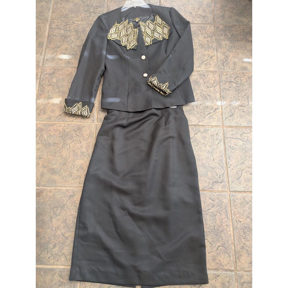 Vintage Elite Champagne 2-Piece Formal Black Skirt Suit w/ Gold Embroidery - 10